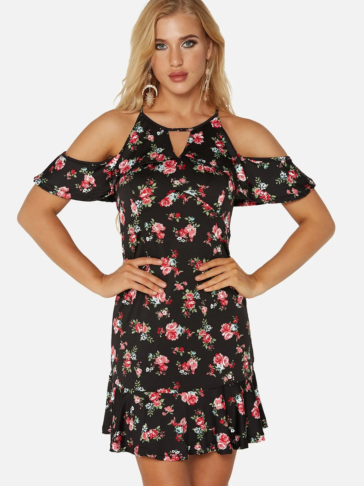 Wholesale Black V-Neck Short Sleeve Floral Print Calico Cut Out Flounced Hem Mini Dress