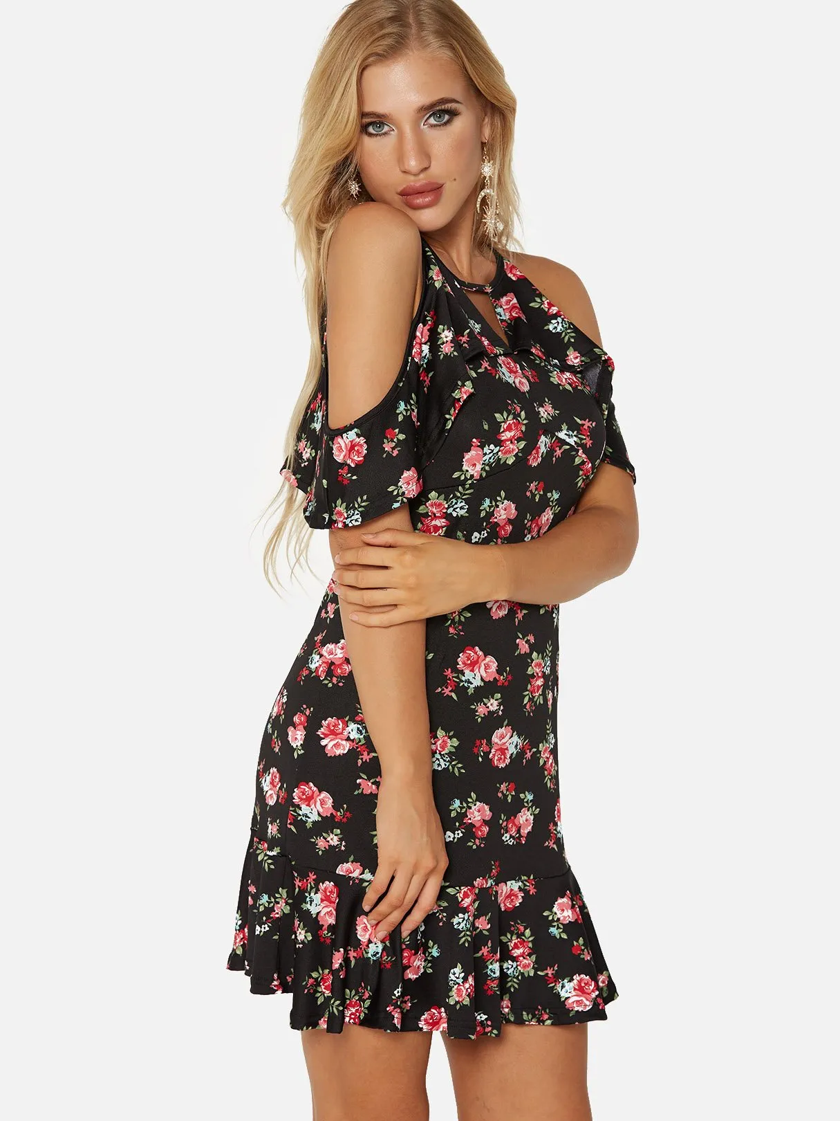 Wholesale Black V-Neck Short Sleeve Floral Print Calico Cut Out Flounced Hem Mini Dress