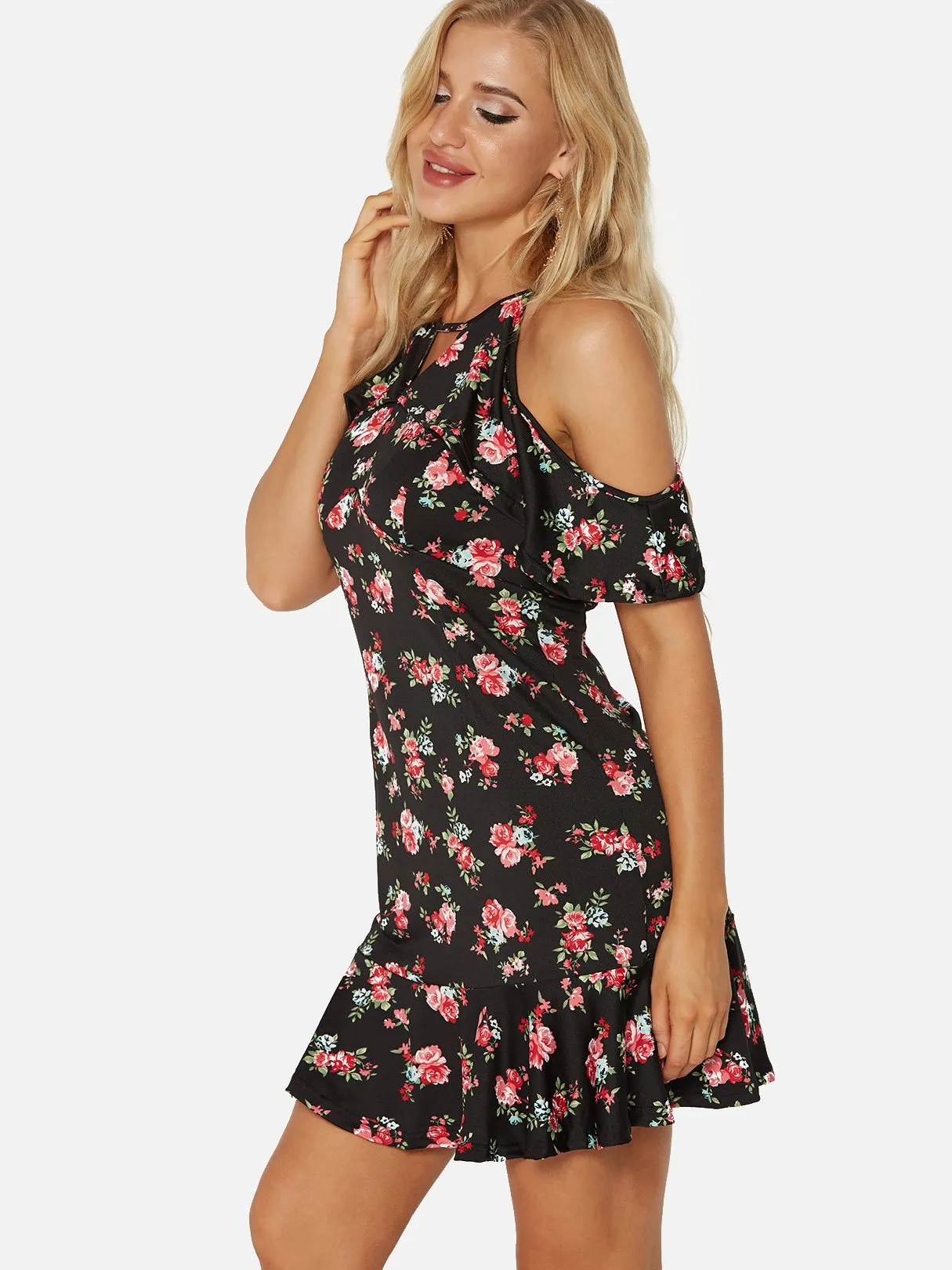 Wholesale Black V-Neck Short Sleeve Floral Print Calico Cut Out Flounced Hem Mini Dress