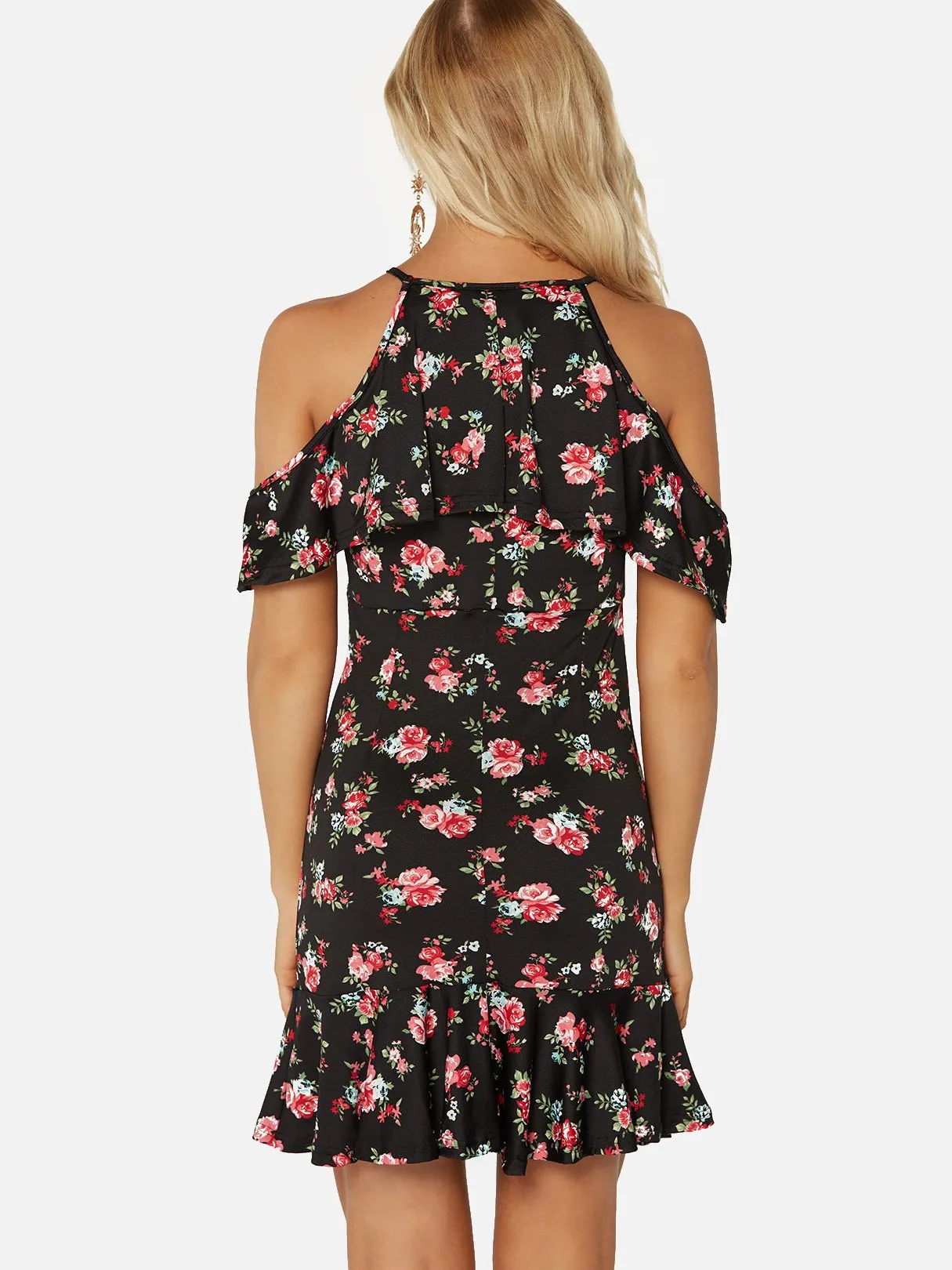 Wholesale Black V-Neck Short Sleeve Floral Print Calico Cut Out Flounced Hem Mini Dress