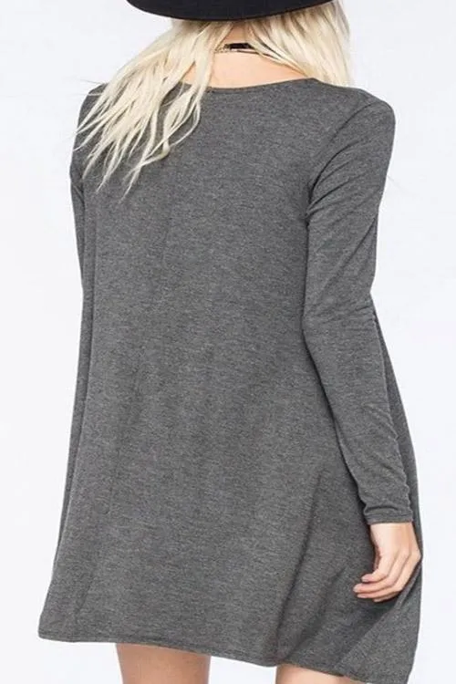 Wholesale Grey Round Neck Long Sleeve Plain Mini Dress