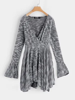 Wholesale Grey V-Neck Long Sleeve Plain Irregular Hem Mini Dress