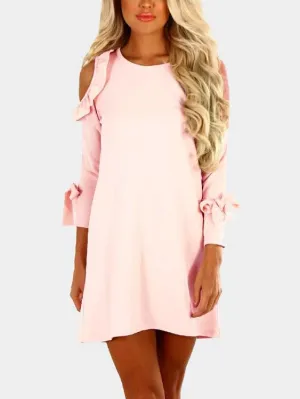 Wholesale Pink Round Neck Cold Shoulder 3/4 Length Sleeve Mini Dress