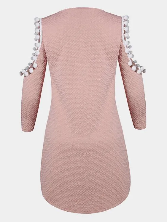 Wholesale Pink Round Neck Long Sleeve Tassel Cut Out Irregular Curved Hem Mini Dress