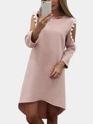 Wholesale Pink Round Neck Long Sleeve Tassel Cut Out Irregular Curved Hem Mini Dress