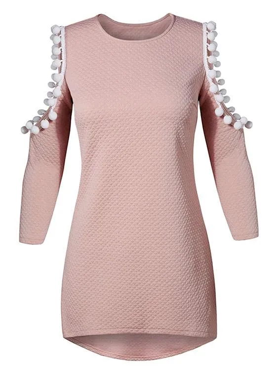 Wholesale Pink Round Neck Long Sleeve Tassel Cut Out Irregular Curved Hem Mini Dress