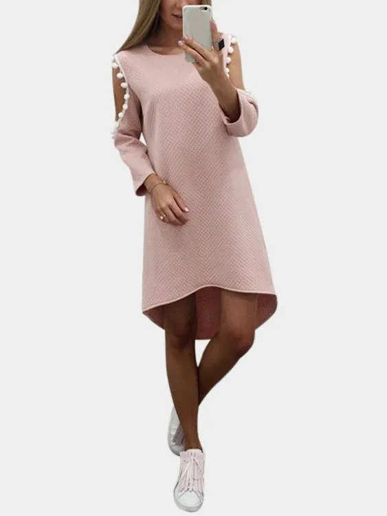 Wholesale Pink Round Neck Long Sleeve Tassel Cut Out Irregular Curved Hem Mini Dress