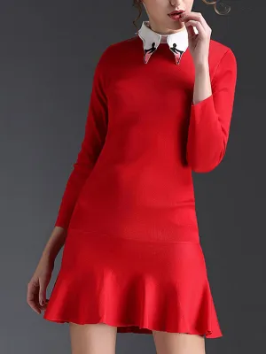 Wholesale Red Long Sleeve Embroidered Plain Flounced Hem Mini Dress