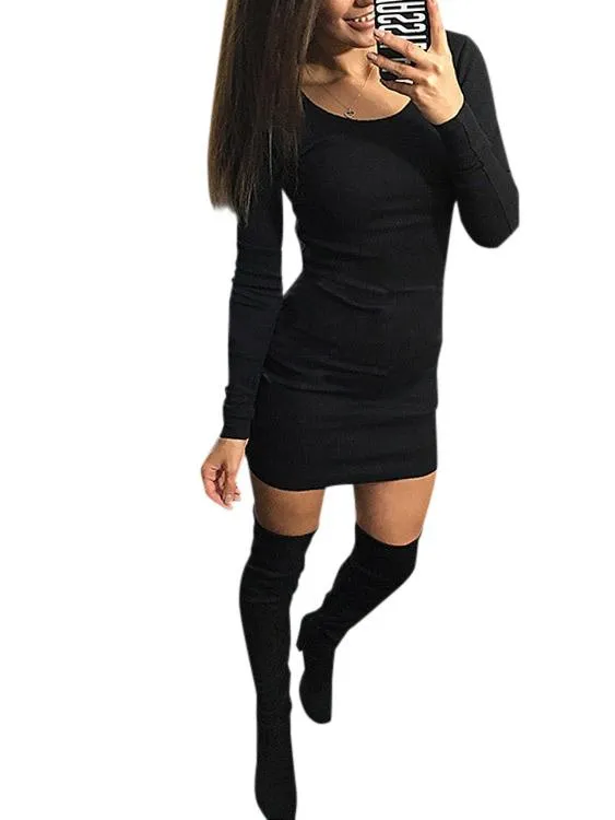 Wholesale Scoop Neck Long Sleeve Plain Mini Dresses