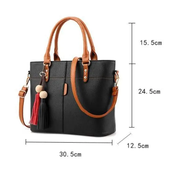 Women High Quality Faux-Leather Bag with Brown Grab Handles and Black-Red Tassels