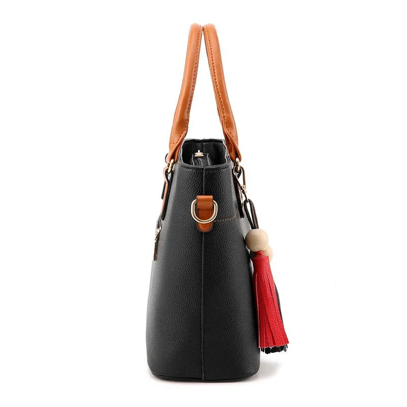 Women High Quality Faux-Leather Bag with Brown Grab Handles and Black-Red Tassels