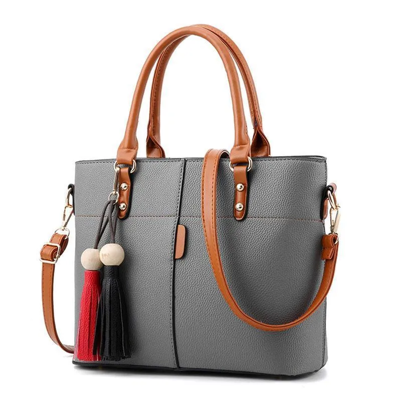 Women High Quality Faux-Leather Bag with Brown Grab Handles and Black-Red Tassels