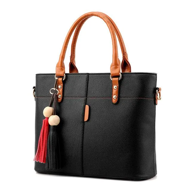 Women High Quality Faux-Leather Bag with Brown Grab Handles and Black-Red Tassels