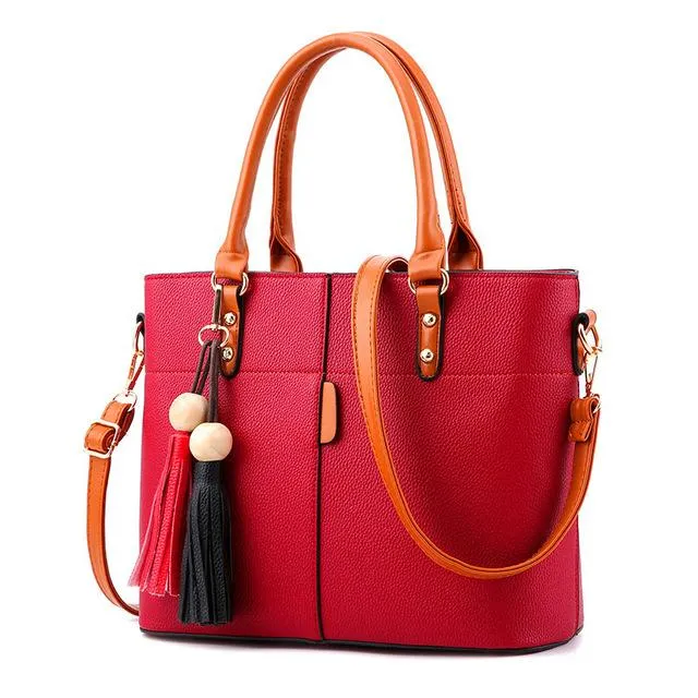 Women High Quality Faux-Leather Bag with Brown Grab Handles and Black-Red Tassels