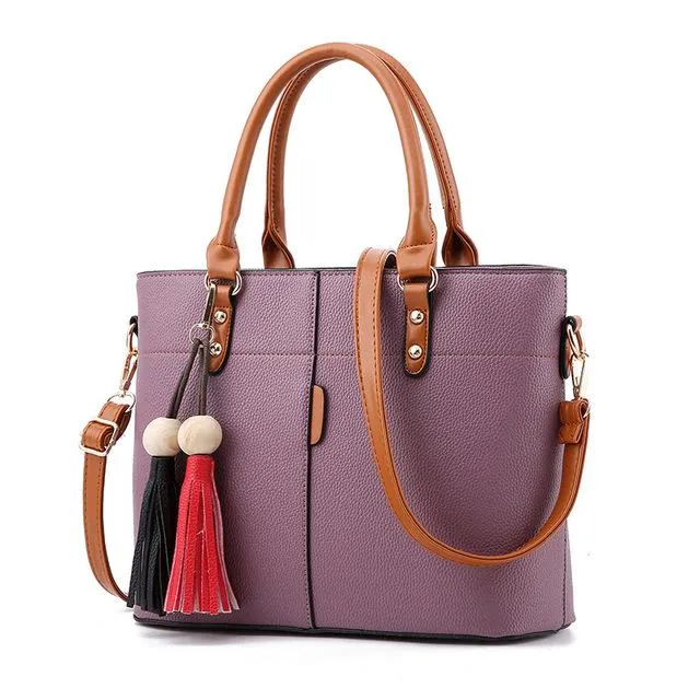 Women High Quality Faux-Leather Bag with Brown Grab Handles and Black-Red Tassels